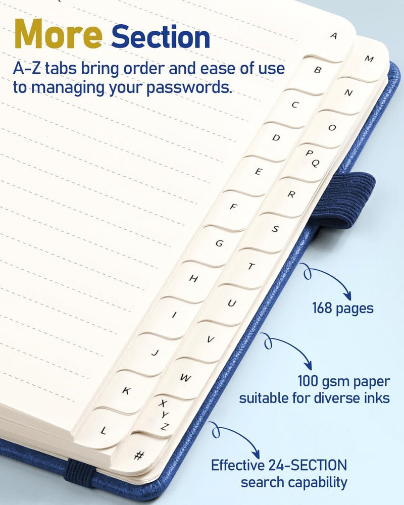 WEMATE Password Book with Alphabetical Tabs, Spiral Password Keeper Book for Seniors, Internet Password Notebook Password Journal Logbook Log in Detail, Small – 4.7''x 6'' (Navy Blue) - Image 4